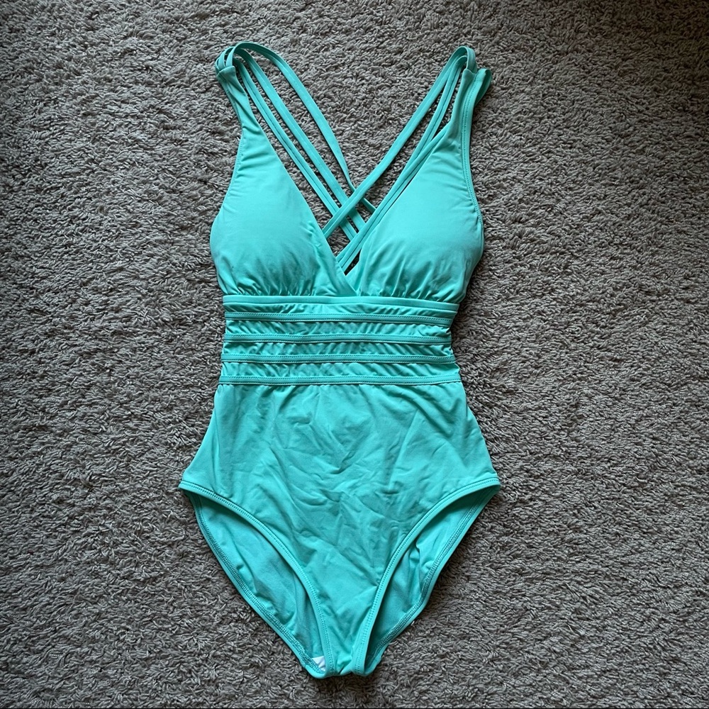 La Blanca Island Goddess Multi-Strap Cross-Back One Piece in aquamarine